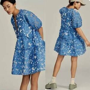 NEW Anthropologie Maeve Tiered Jacquard Sheer Sleeve Button Mini Dress Blue